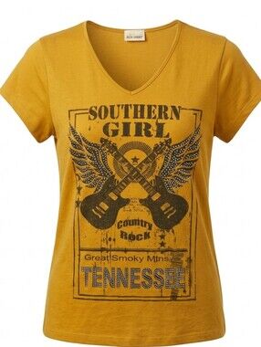 SunShirt Southern Girl Country Rock T-Shirt Mustard Yellow V-Neck Large